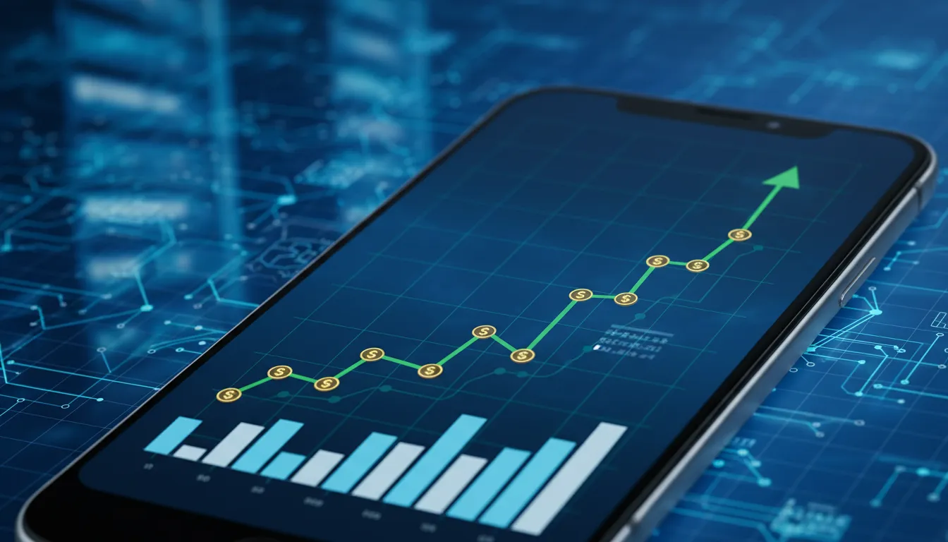 Uma tela de celular com um gráfico de moedas subindo gradativamente, representando pequenos ganhos c