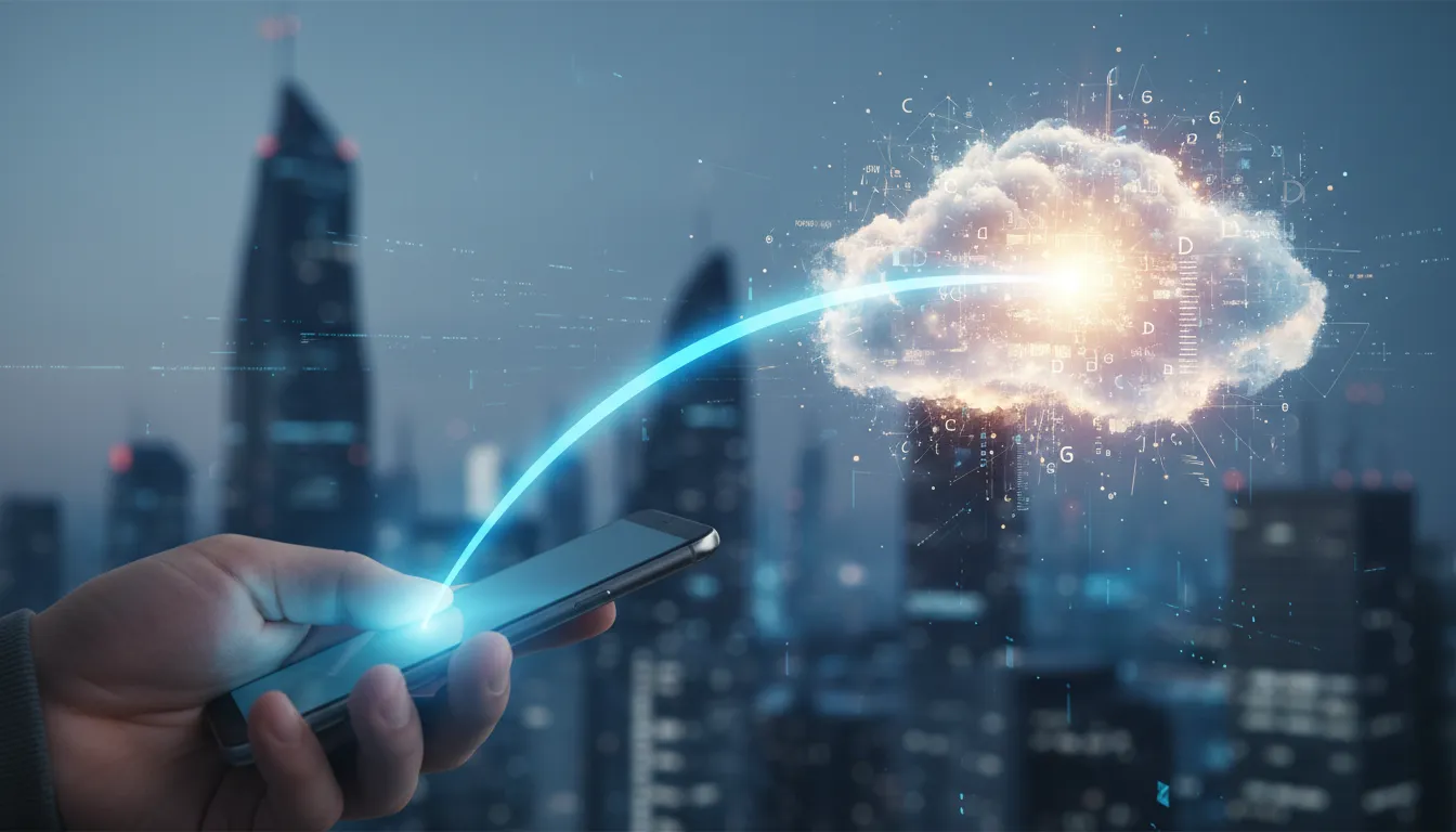 Uma pessoa segurando um smartphone que emite um feixe de luz conectando-se a uma nuvem digital brilh