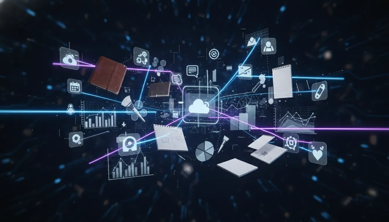 Uma colagem conceitual flutuante de vários ícones de aplicativos de produtividade, blocos de notas, 