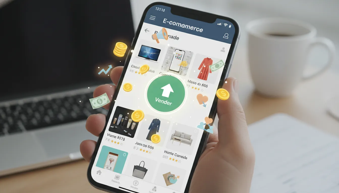 Uma tela de smartphone exibindo um aplicativo de loja virtual com o botão Vender em destaque, com íc