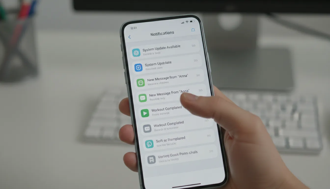 Foco na tela do celular mostrando uma lista organizada de histórico de notificações, com o dedo de u
