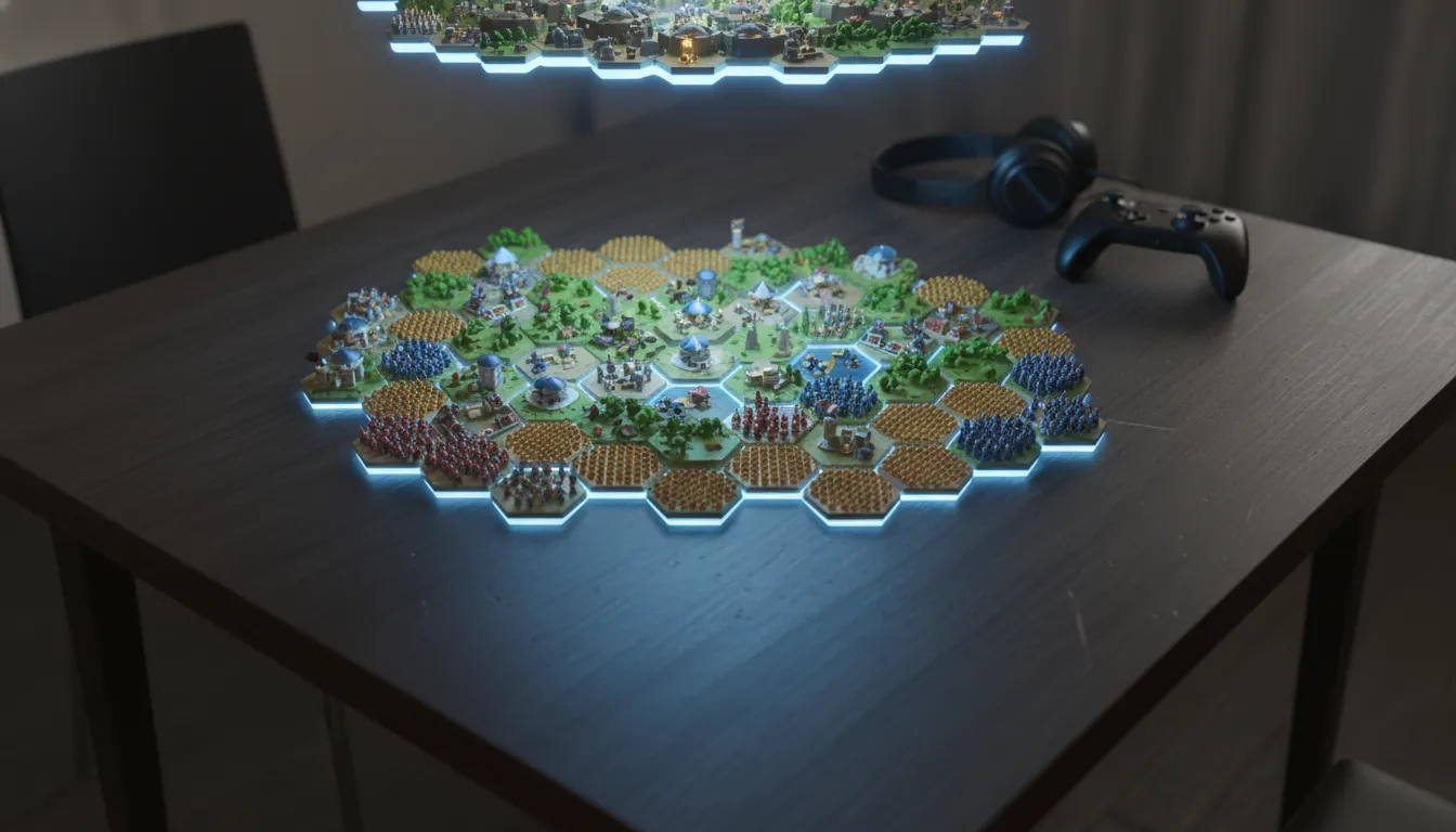 Um tabuleiro virtual isométrico representando um mapa de jogo de estratégia, com pequenas civilizaçõ