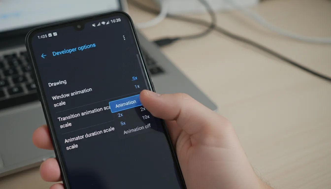 Uma tela de smartphone exibindo o menu de opções de desenvolvedor do sistema, com um foco aproximado