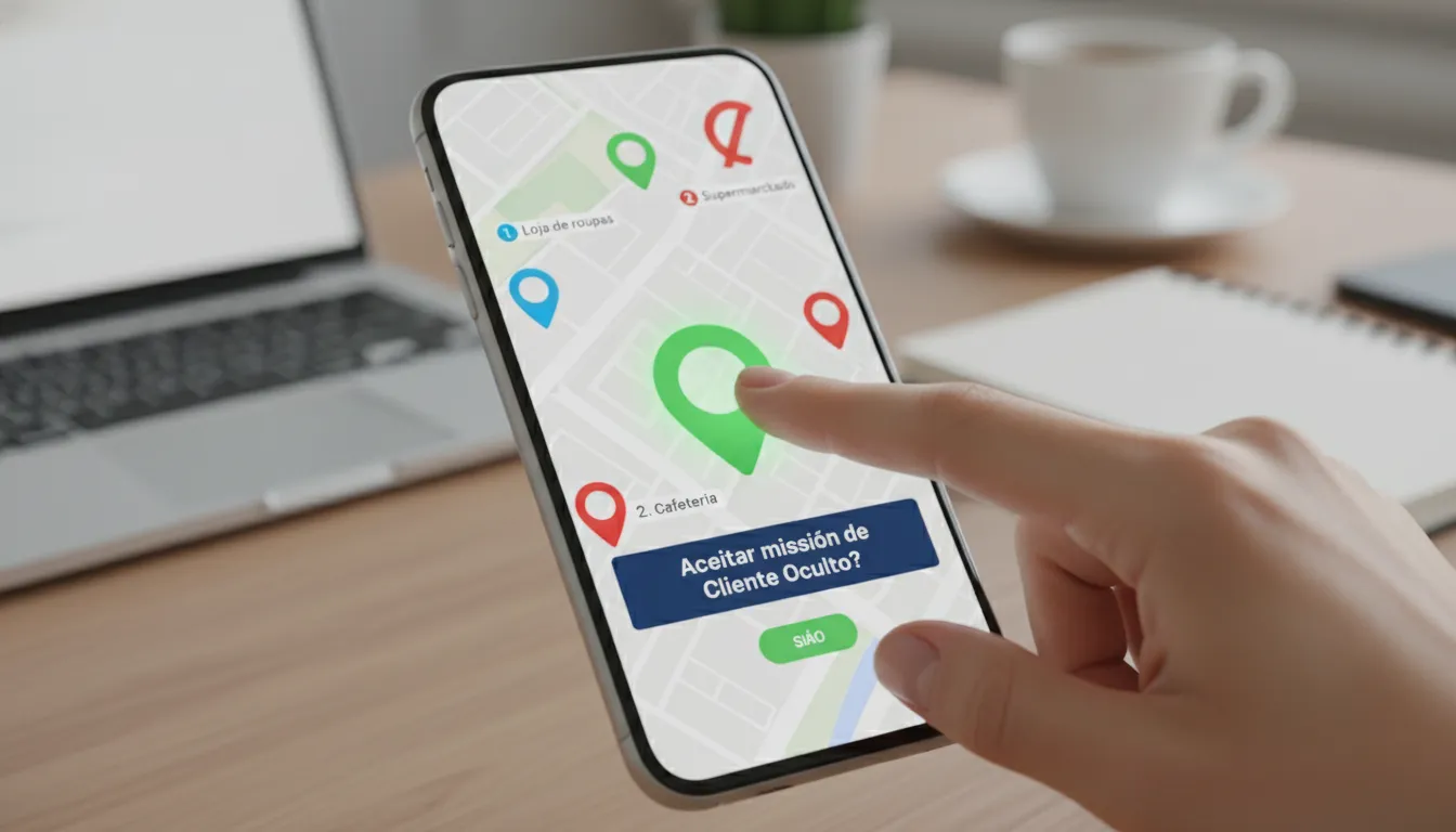 Tela de um celular exibindo um mapa com pontos de localização marcados, e uma mão tocando em um dos 