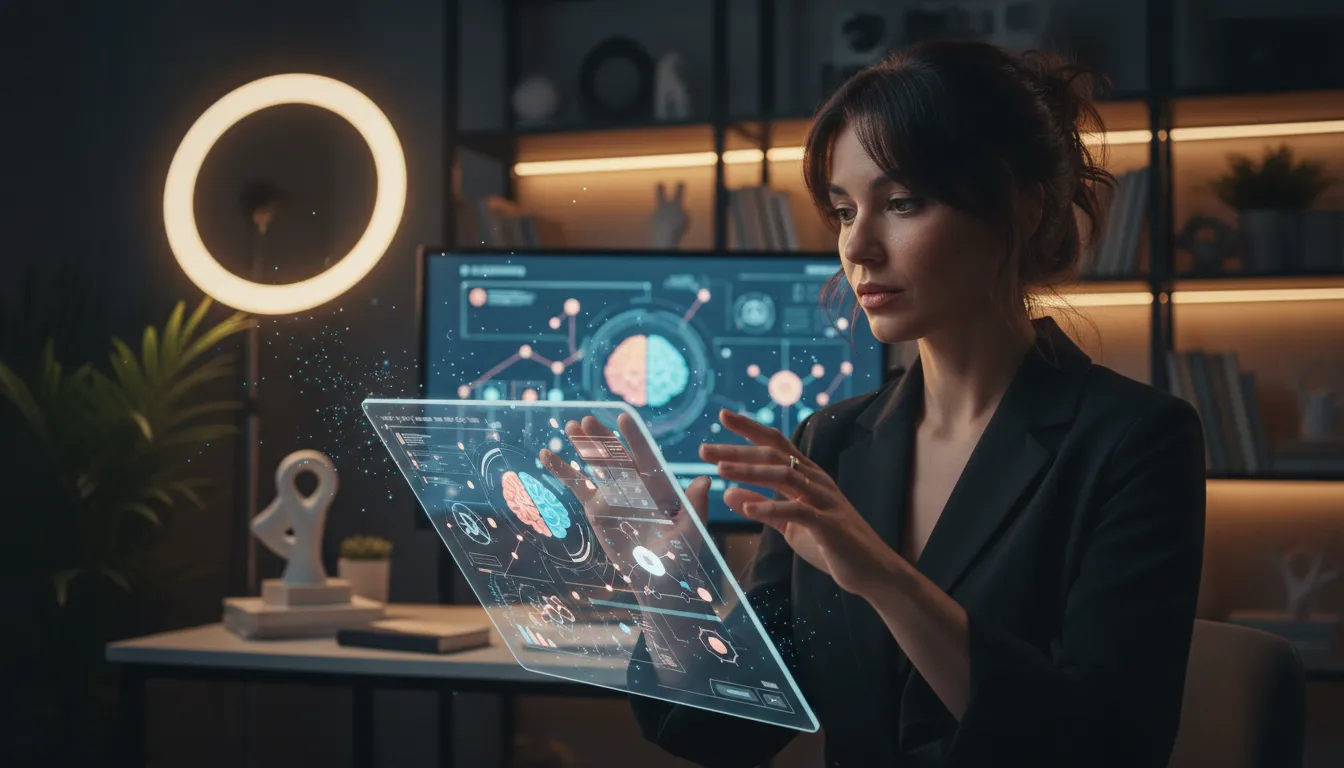 Um designer gráfico interagindo com uma interface de software futurista em um tablet, criando arte d