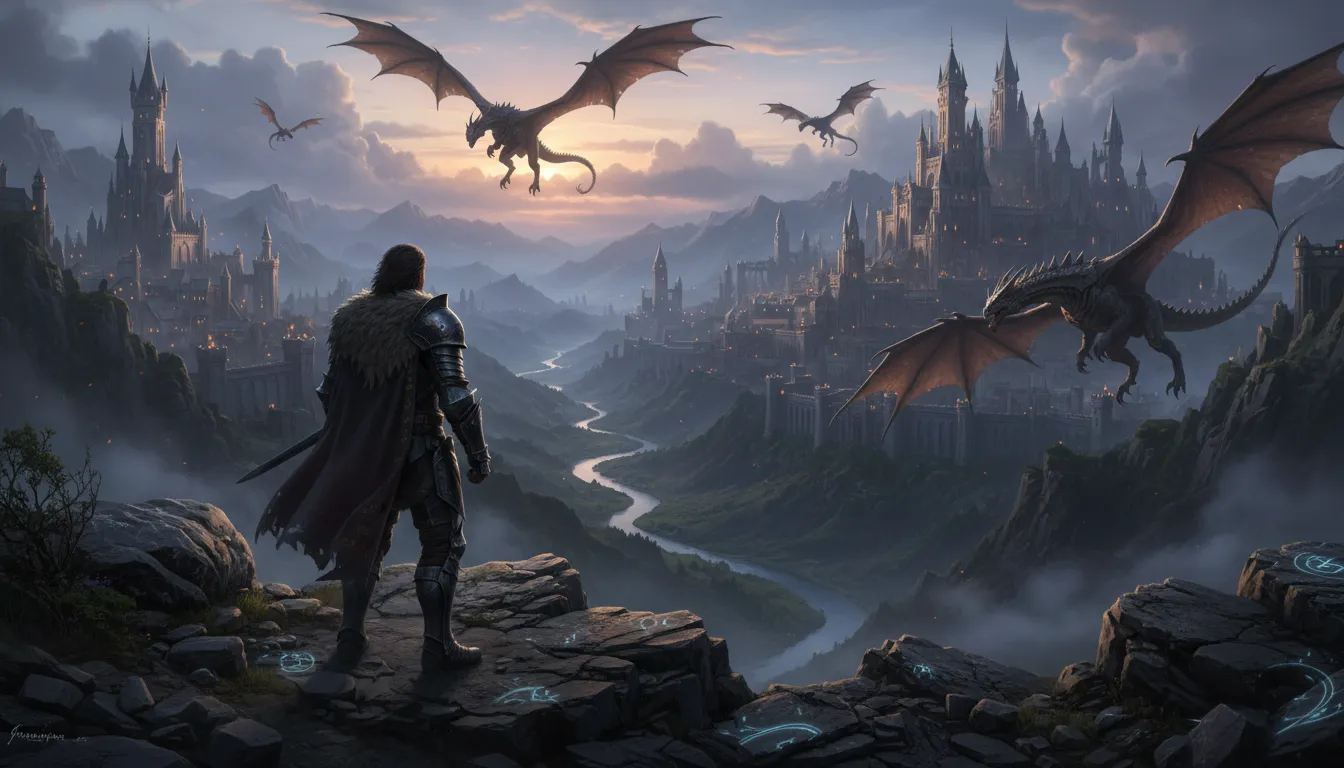 Uma paisagem épica de fantasia com um guerreiro de costas olhando para um horizonte com castelos e d