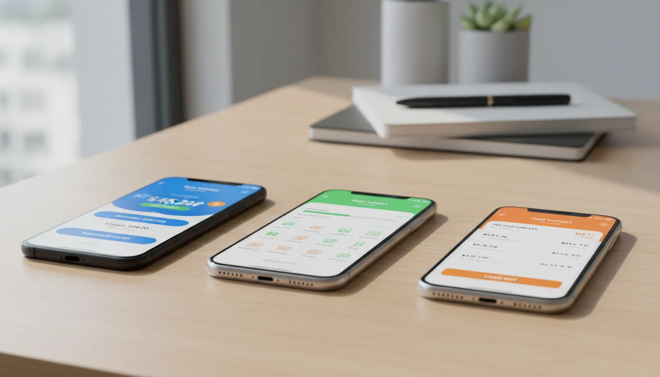 Três smartphones alinhados lado a lado exibindo diferentes interfaces limpas de aplicativos de pesqu