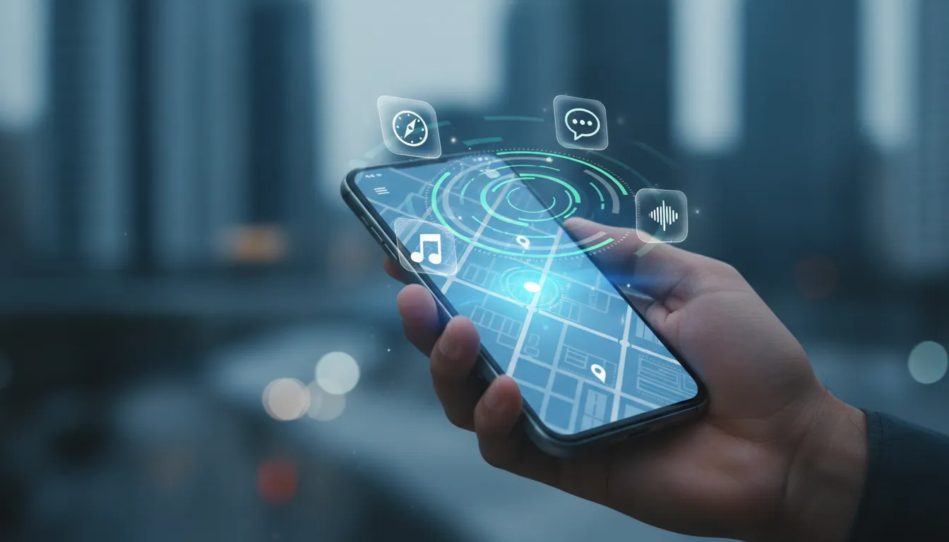 Uma tela de smartphone sendo segurada por uma mão, exibindo ícones de aplicativos de GPS, música e a