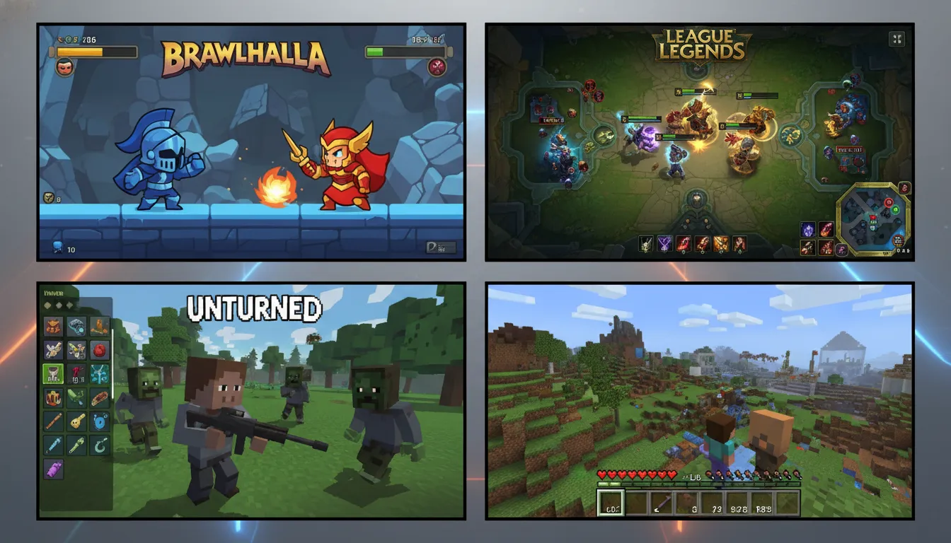 Uma composição didática mostrando capturas de tela de jogos leves populares como Brawlhalla, League 