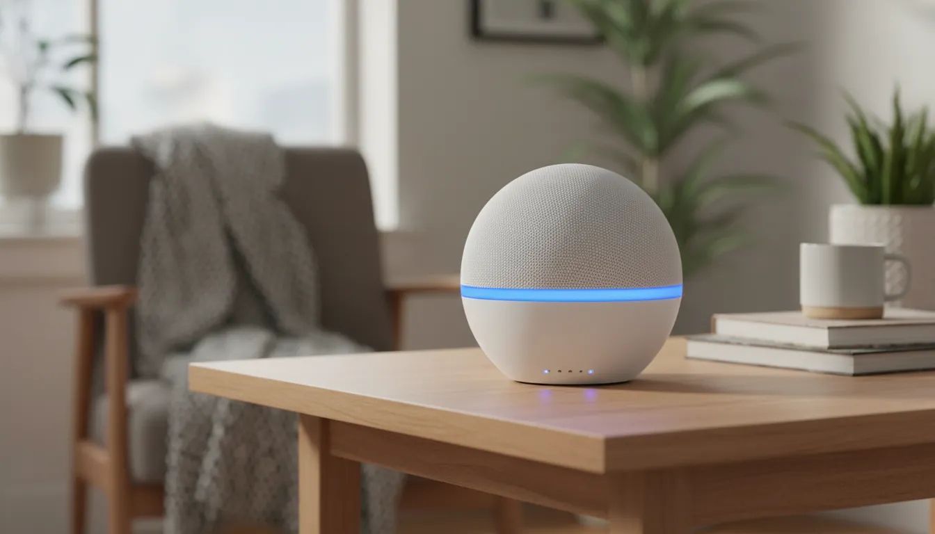 Dispositivo assistente virtual de voz em formato esférico sobre uma mesa de madeira, com anel de luz