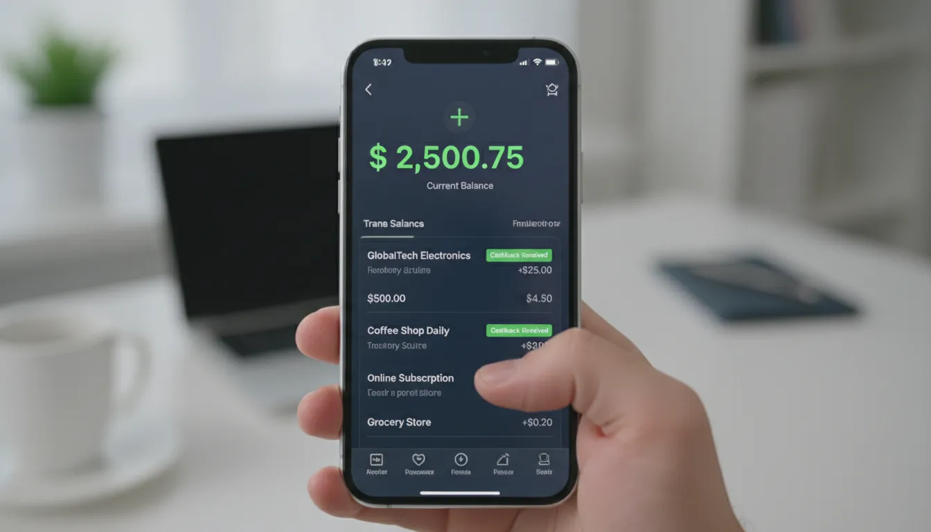 Uma tela de smartphone exibindo um aplicativo financeiro de carteira digital, mostrando um saldo pos