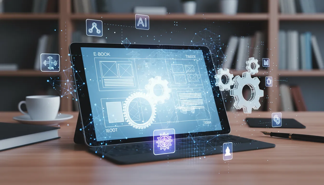 Uma tela de tablet mostrando um e-book sendo estruturado ao lado de ícones de inteligência artificia