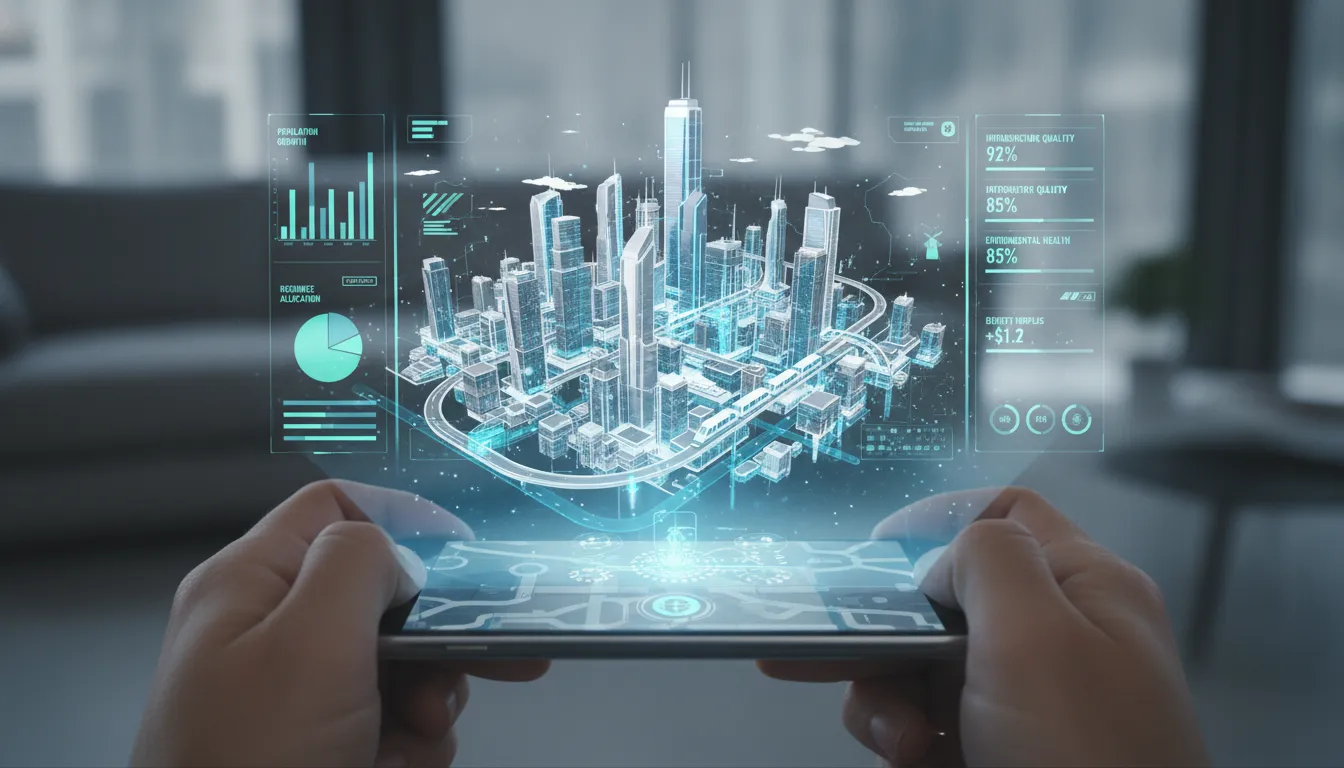Interface holográfica de um jogo de simulação e gestão de cidades, mostrando planejamento urbano ava