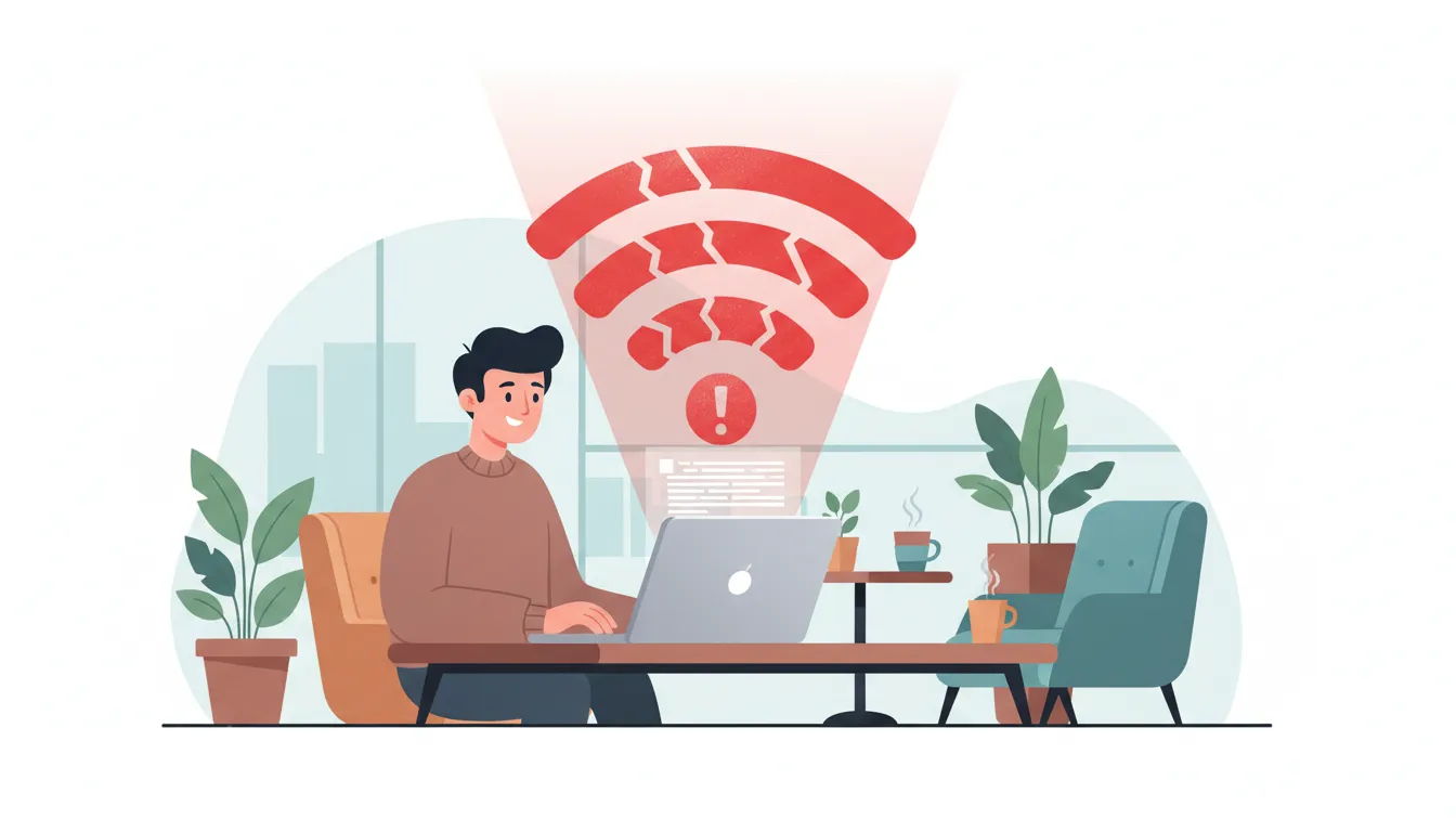 Ilustração em estilo flat design mostrando um usuário em uma cafeteria usando um laptop, com um sina