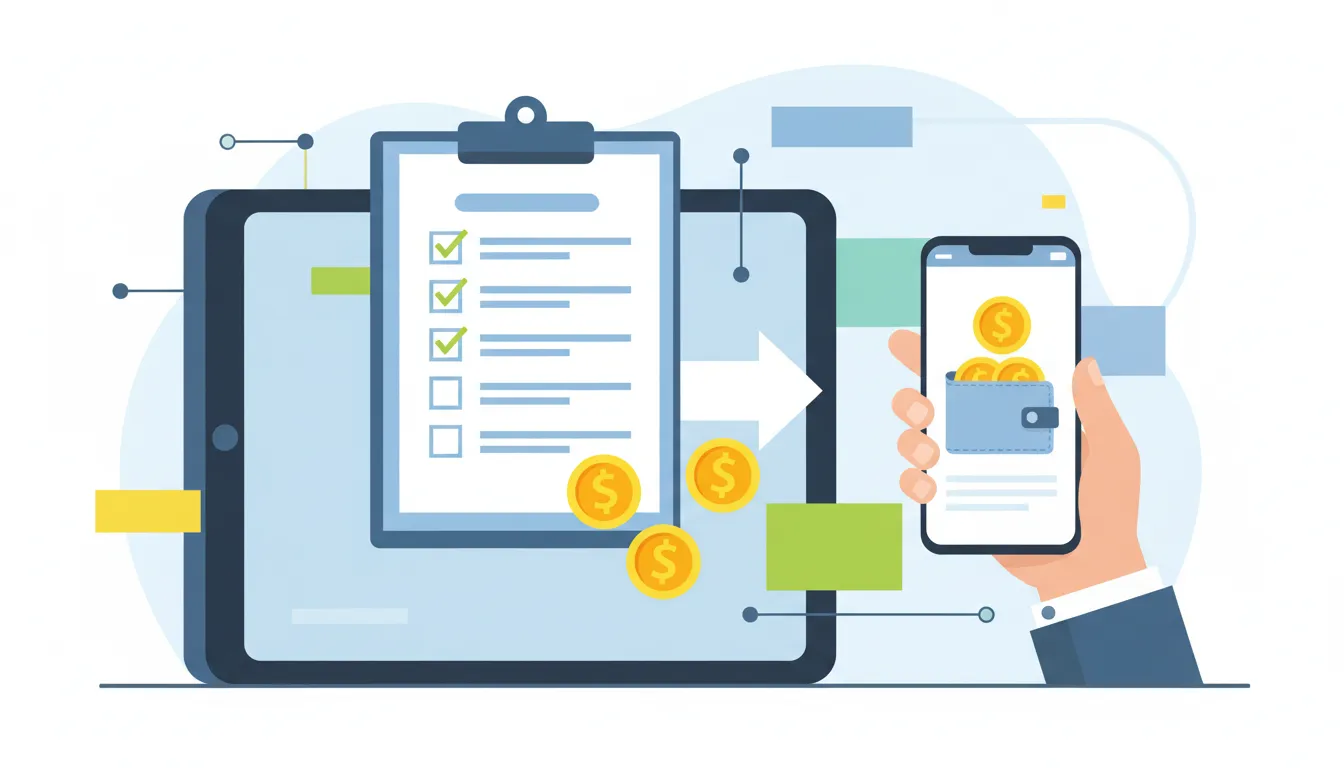 Uma ilustração em estilo flat design mostrando um check-list preenchido em uma prancheta digital e a