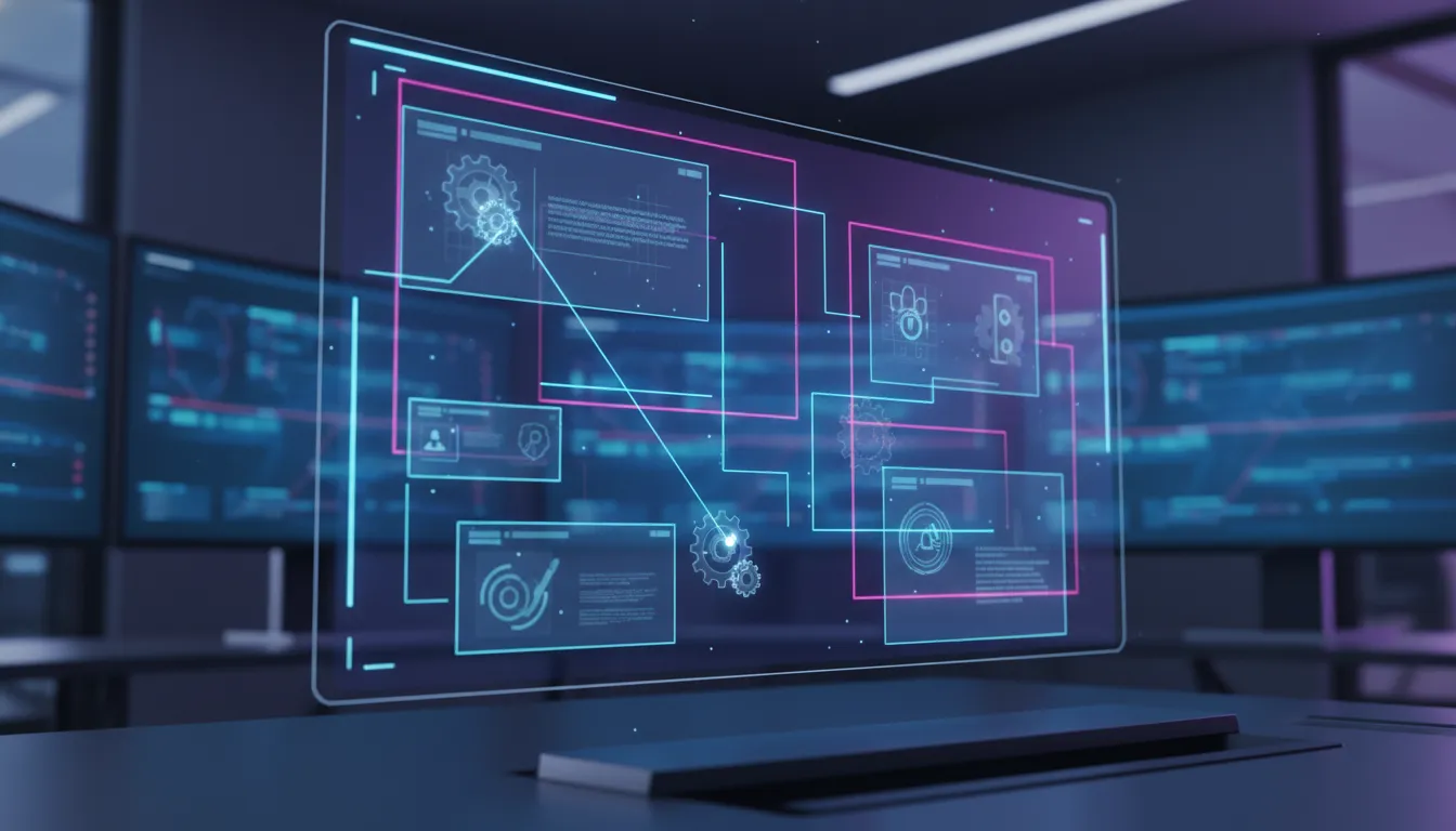 Um quadro de tarefas digital projetado de forma futurista em tons de azul e roxo, com linhas luminos