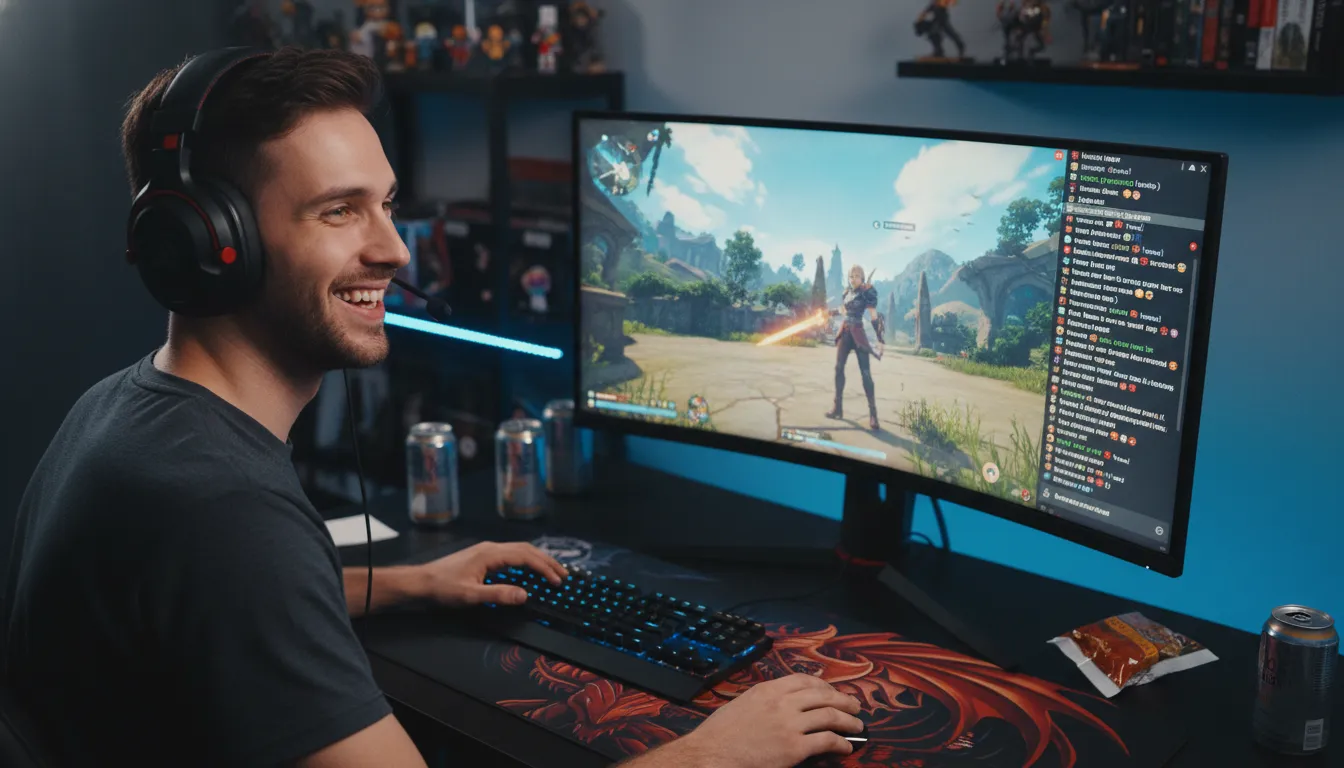 Visão por cima do ombro de um jogador com headset sorrindo, olhando para o monitor onde é possível v