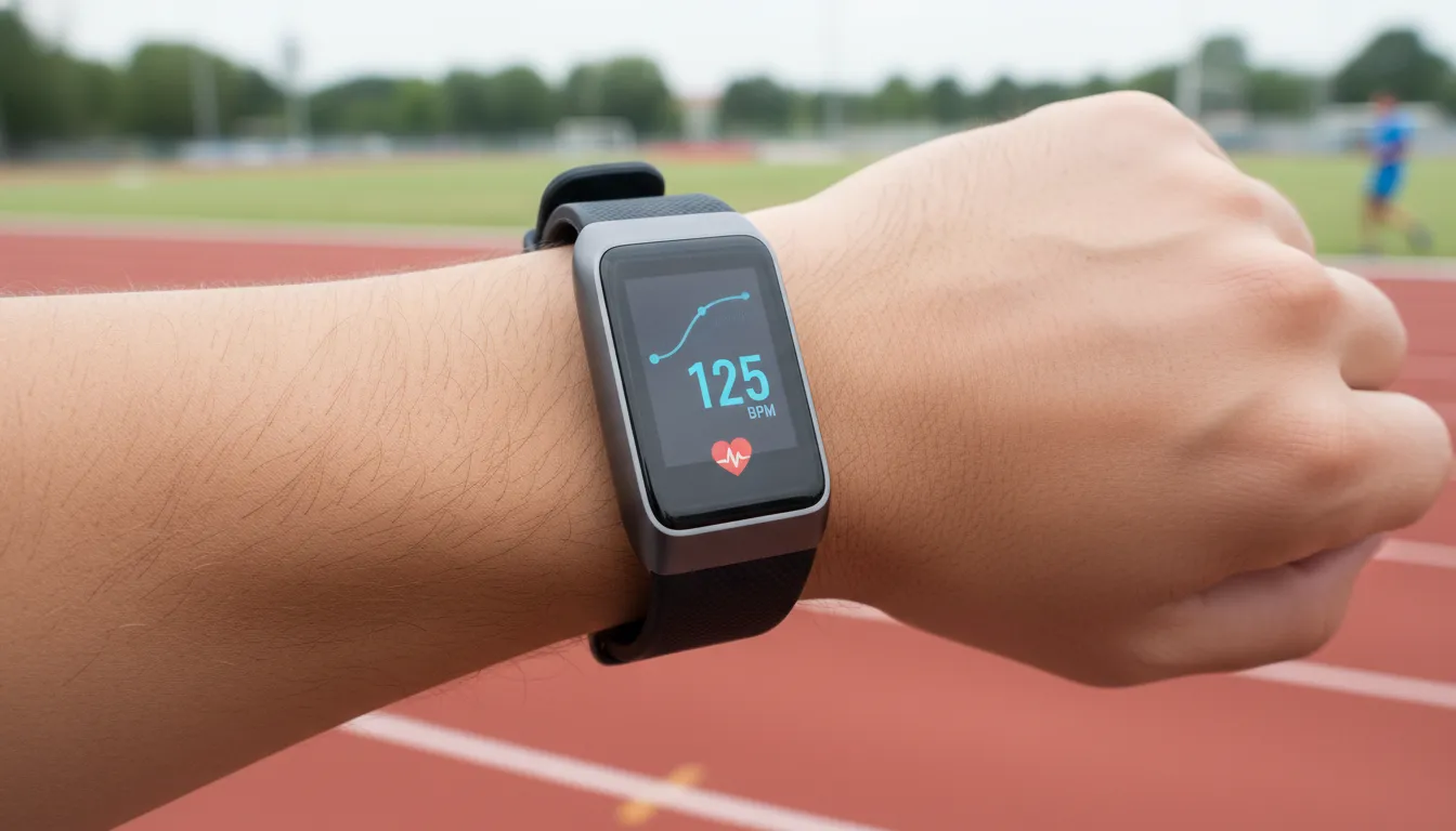 Um close-up de um pulso vestindo uma smartband com design moderno e tela AMOLED brilhante exibindo e