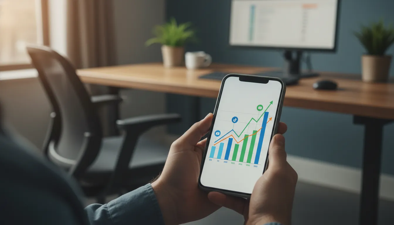Foco nas mãos de uma pessoa segurando um celular com a tela exibindo gráficos de crescimento de rede