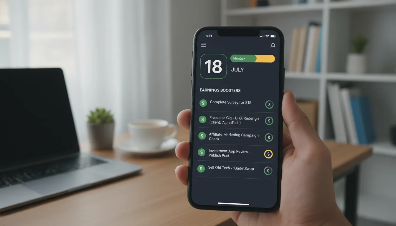 Tela de um smartphone em primeiro plano sendo segurado por uma mão, mostrando um aplicativo moderno 