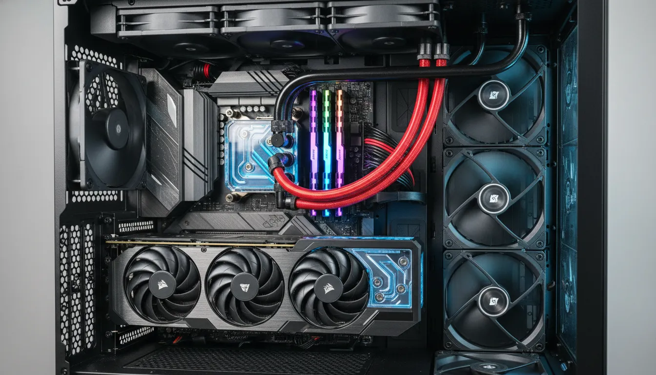 Close-up interno de um computador gamer potente, focando na placa de vídeo, slots de memória RAM e n