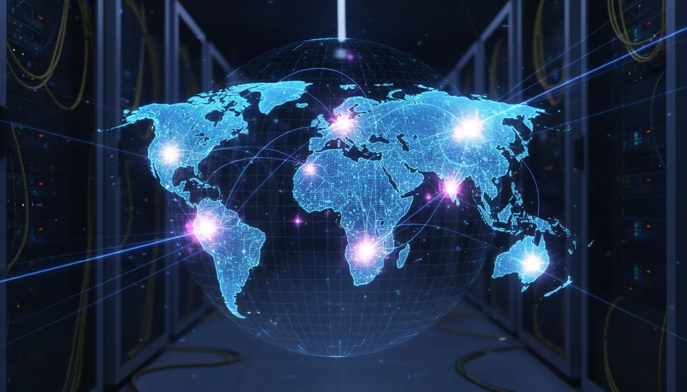 Um mapa mundi digital luminoso conectado por feixes de luz, simbolizando a computação em nuvem e a c