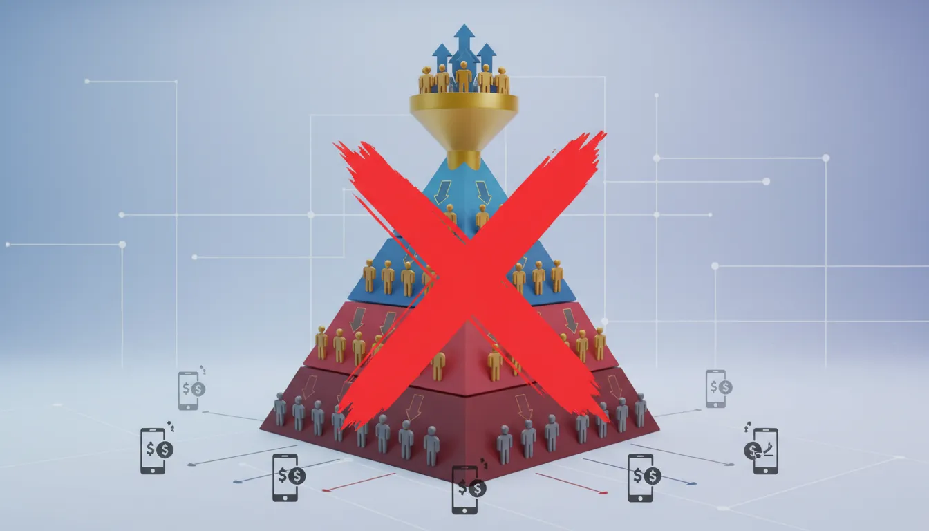 Um esquema visual educativo mostrando um funil de pirâmide financeira com ícones de pessoas no topo 