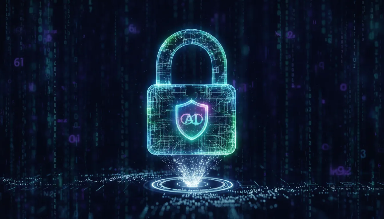 Um cadeado digital holográfico brilhante flutuando sobre um fundo de código de dados escuro, represe