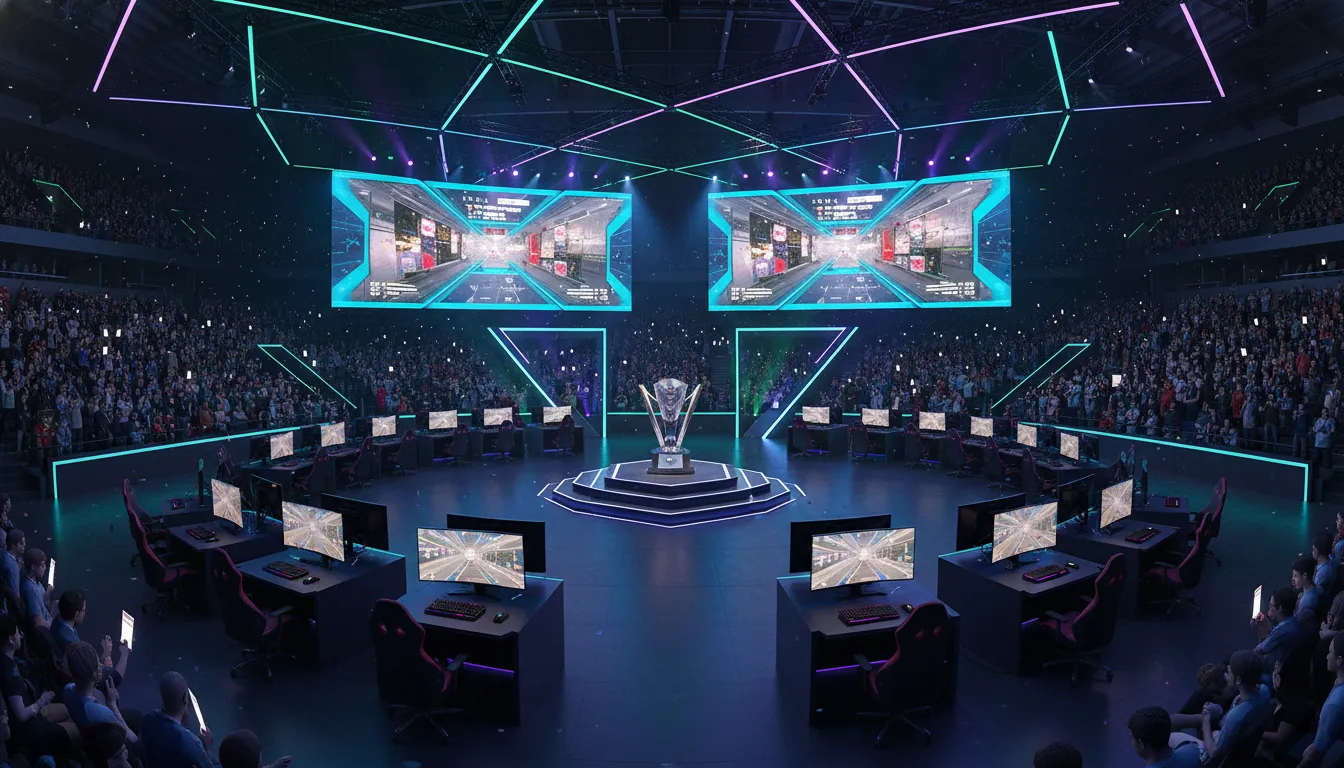 Visão ampla de um palco de campeonato de e-sports focado em jogos de tiro, com computadores alinhado