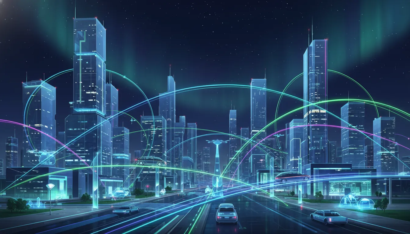 Imagem em estilo vetor de uma cidade inteligente (smart city) futurista, com linhas luminosas e ágei