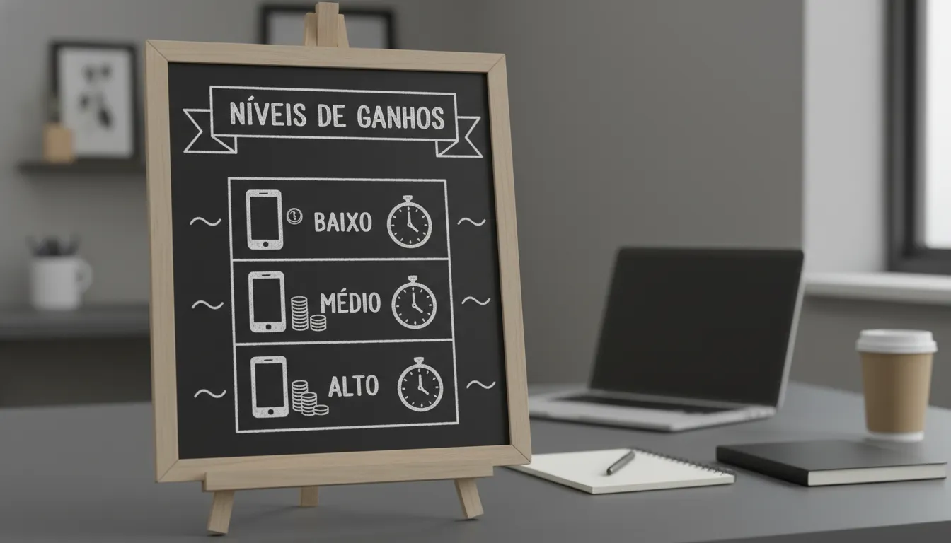 Uma tabela ilustrativa em estilo infográfico desenhado à mão, mostrando diferentes níveis de ganhos 