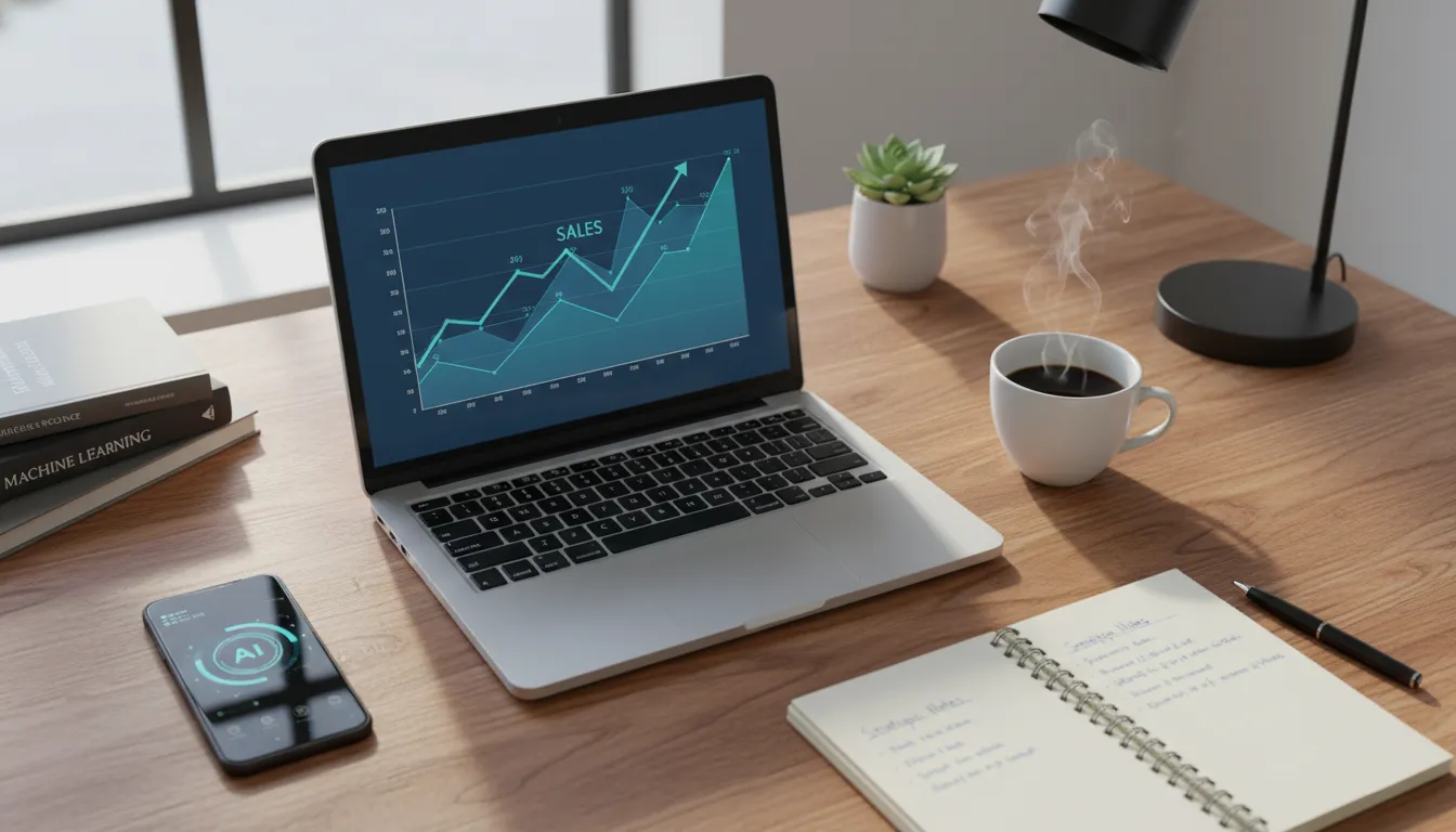 Visão de cima de uma mesa de trabalho de madeira organizada. Em destaque, um laptop moderno exibindo