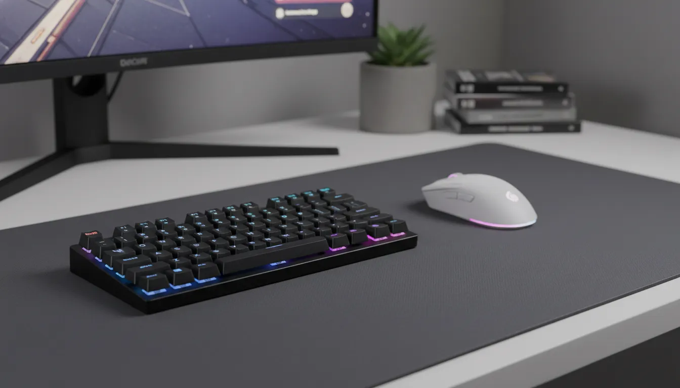 Um teclado mecânico compacto sem numpad e um mouse gamer de design limpo posicionados sobre um mouse