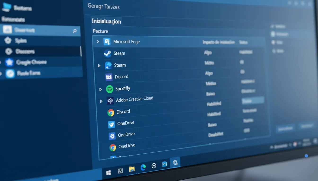 Visão em macro da tela de um monitor mostrando a aba de Inicialização do sistema com diversos aplica