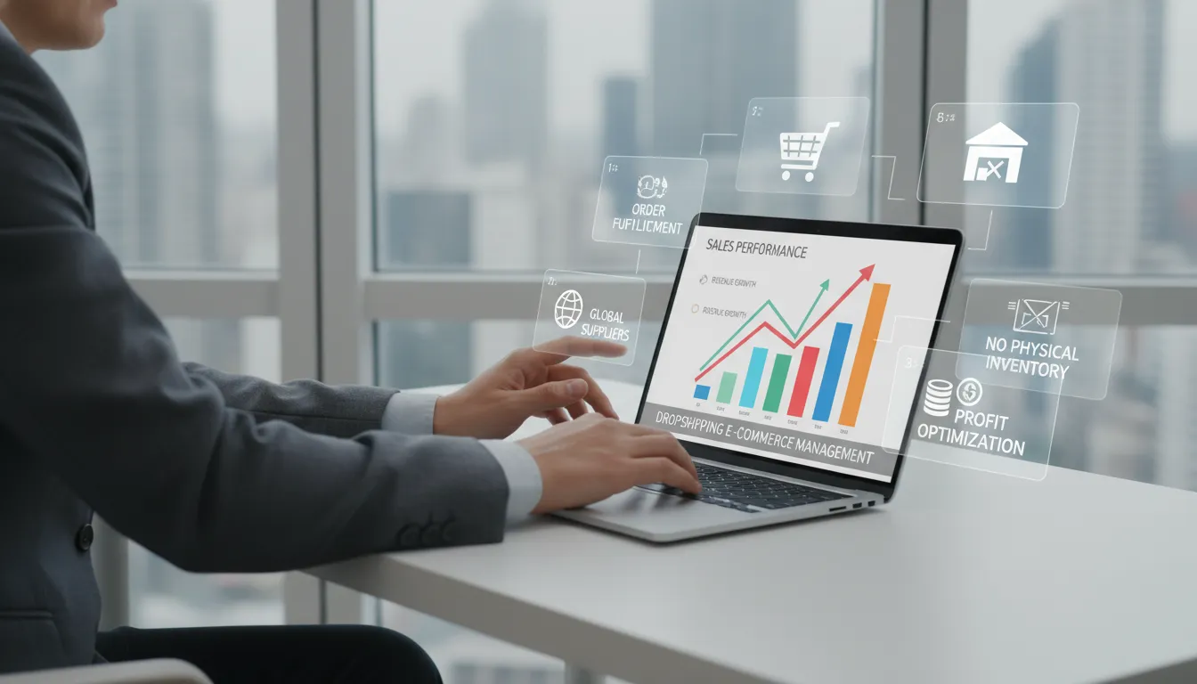Uma pessoa operando um notebook com gráficos de vendas na tela e caixas virtuais flutuando ao redor,