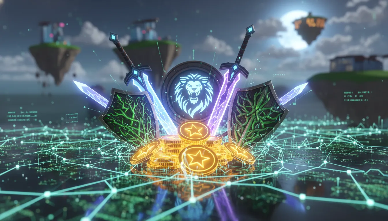 Uma ilustração digital mostrando elementos clássicos de jogos virtuais, como moedas brilhantes, espa