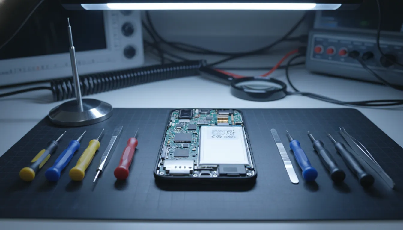 Um close-up de um smartphone moderno parcialmente desmontado sobre uma bancada de testes, exibindo s