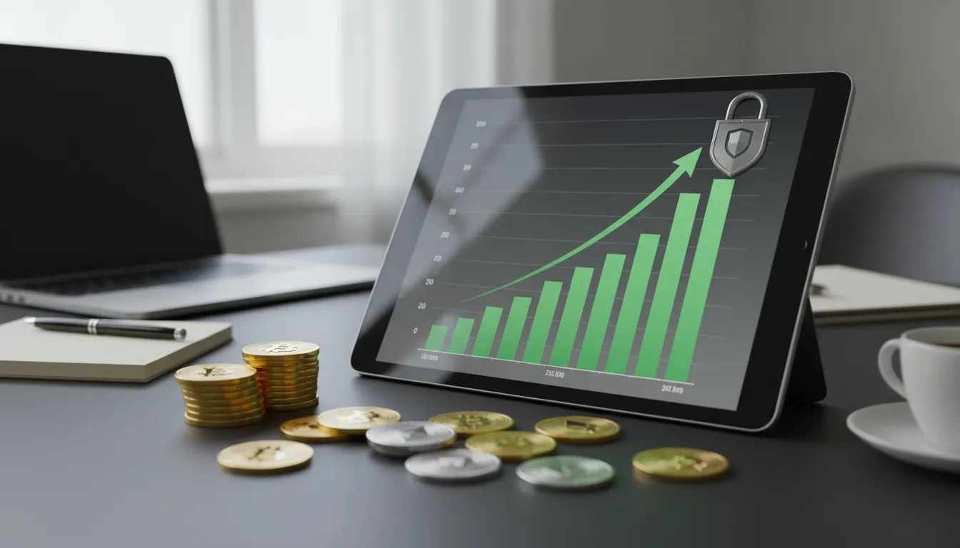 Um gráfico de barras em tom verde subindo em uma tela de tablet, acompanhado de moedas digitais e um