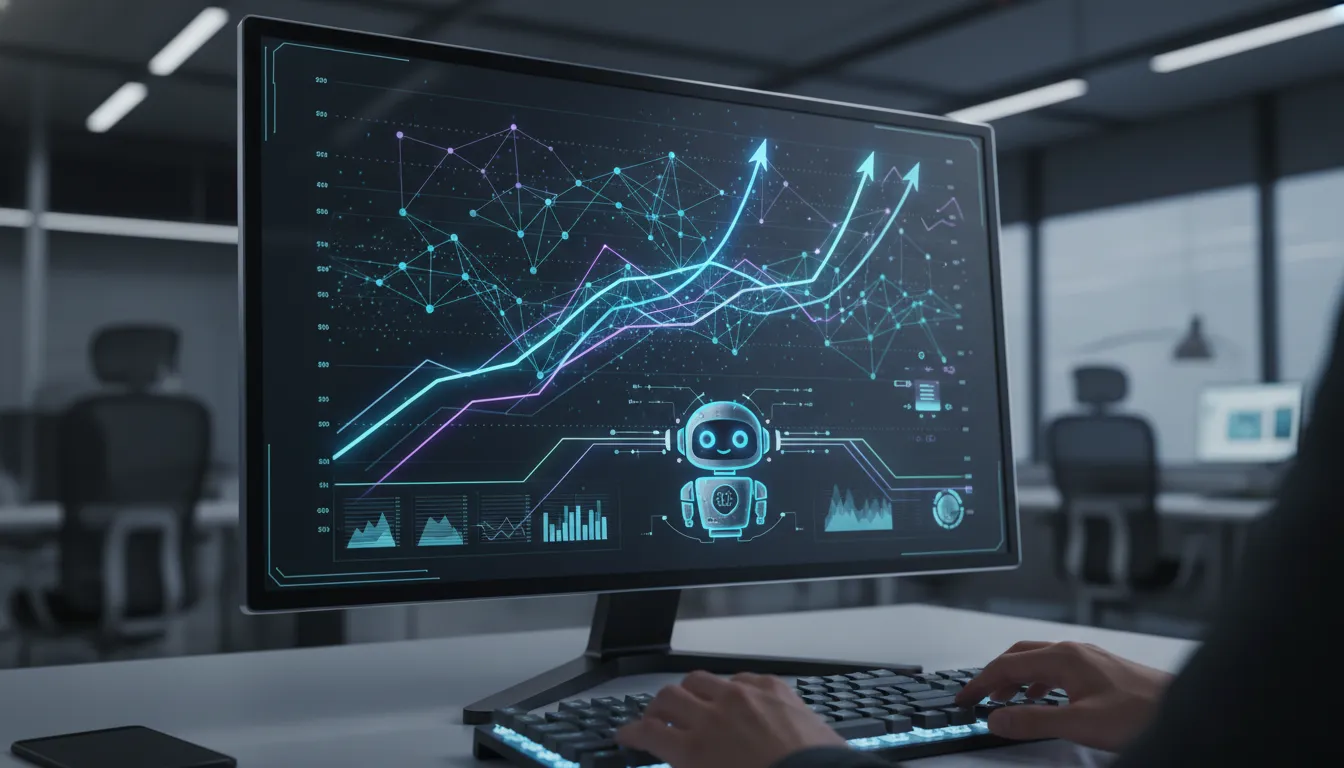Uma tela de computador exibindo um painel de análise de dados futurista, com gráficos ascendentes, n