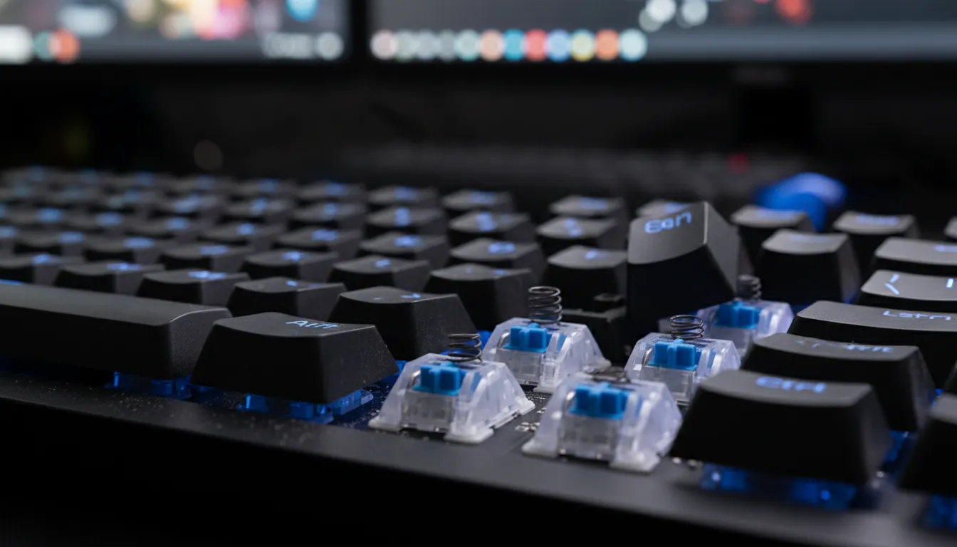 Detalhe em macro das teclas de um teclado mecânico de entrada, mostrando levemente o mecanismo inter
