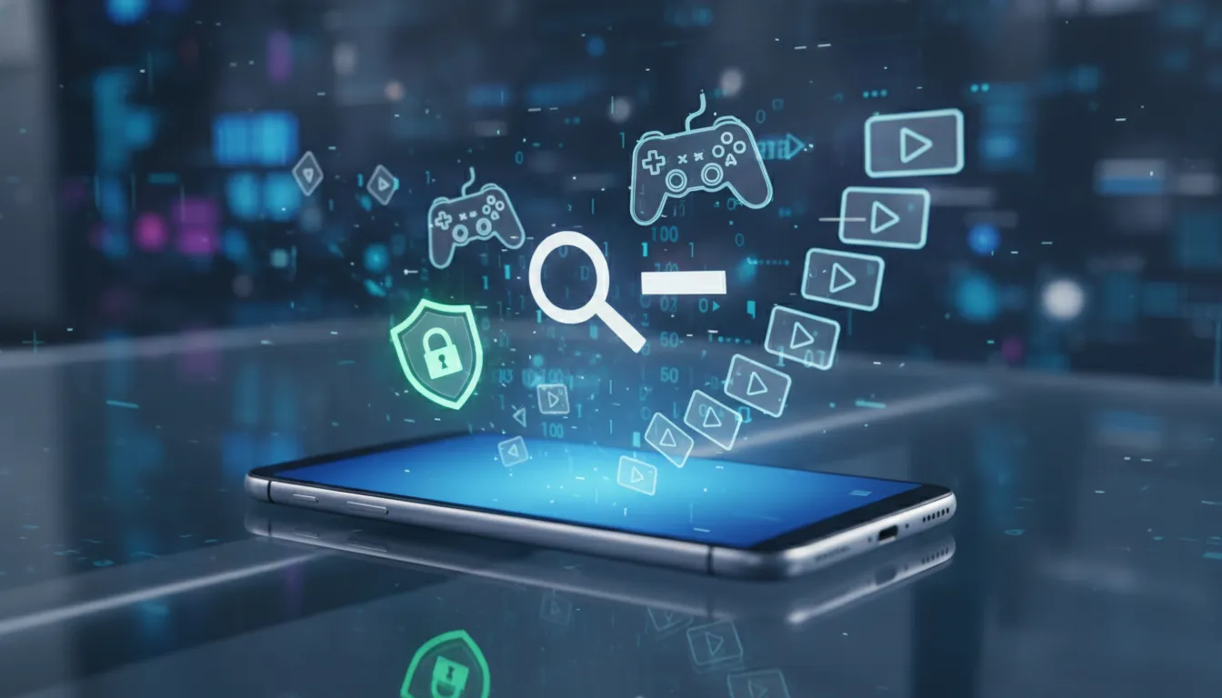 Ilustração conceitual mostrando uma tela de celular da qual saem ícones de pesquisas, controles de v