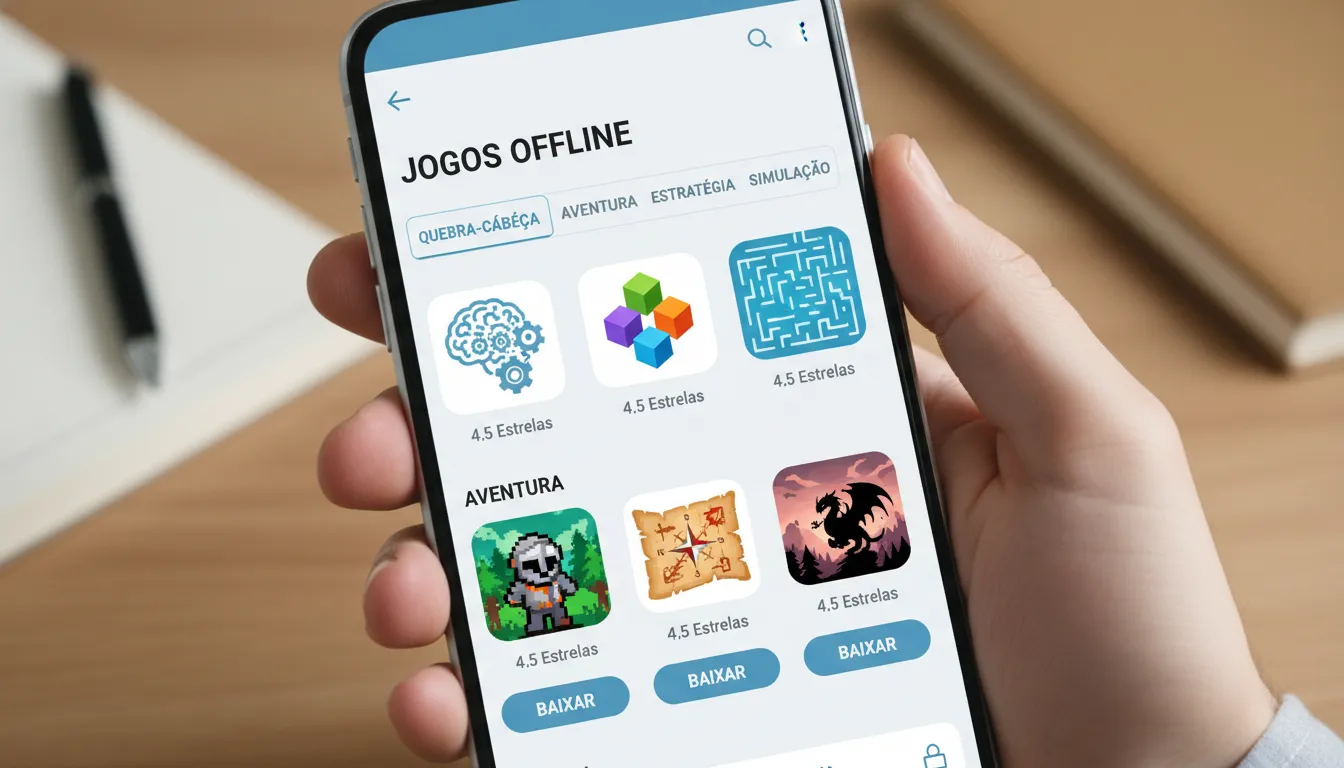 Tela de um celular mostrando a loja de aplicativos com foco em uma categoria de jogos offline, desta
