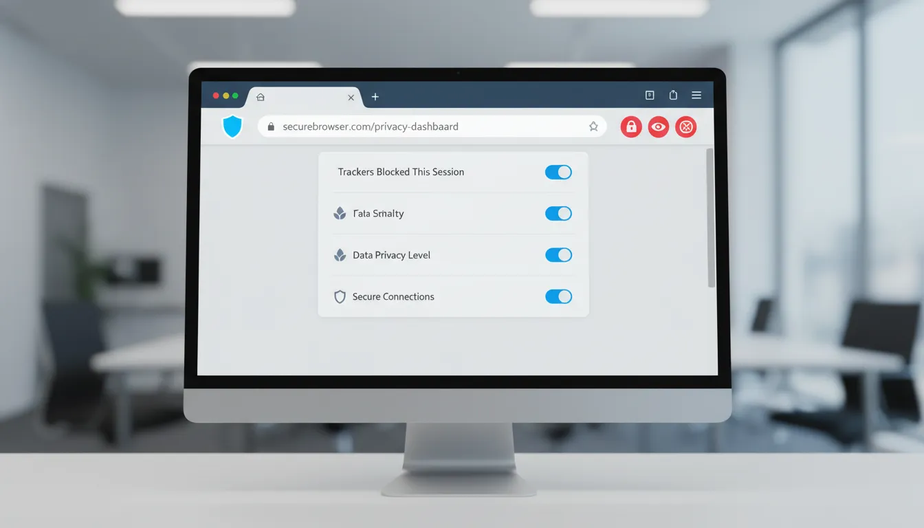 Interface moderna de um navegador web com escudos de privacidade ativados e ícones vermelhos de bloq