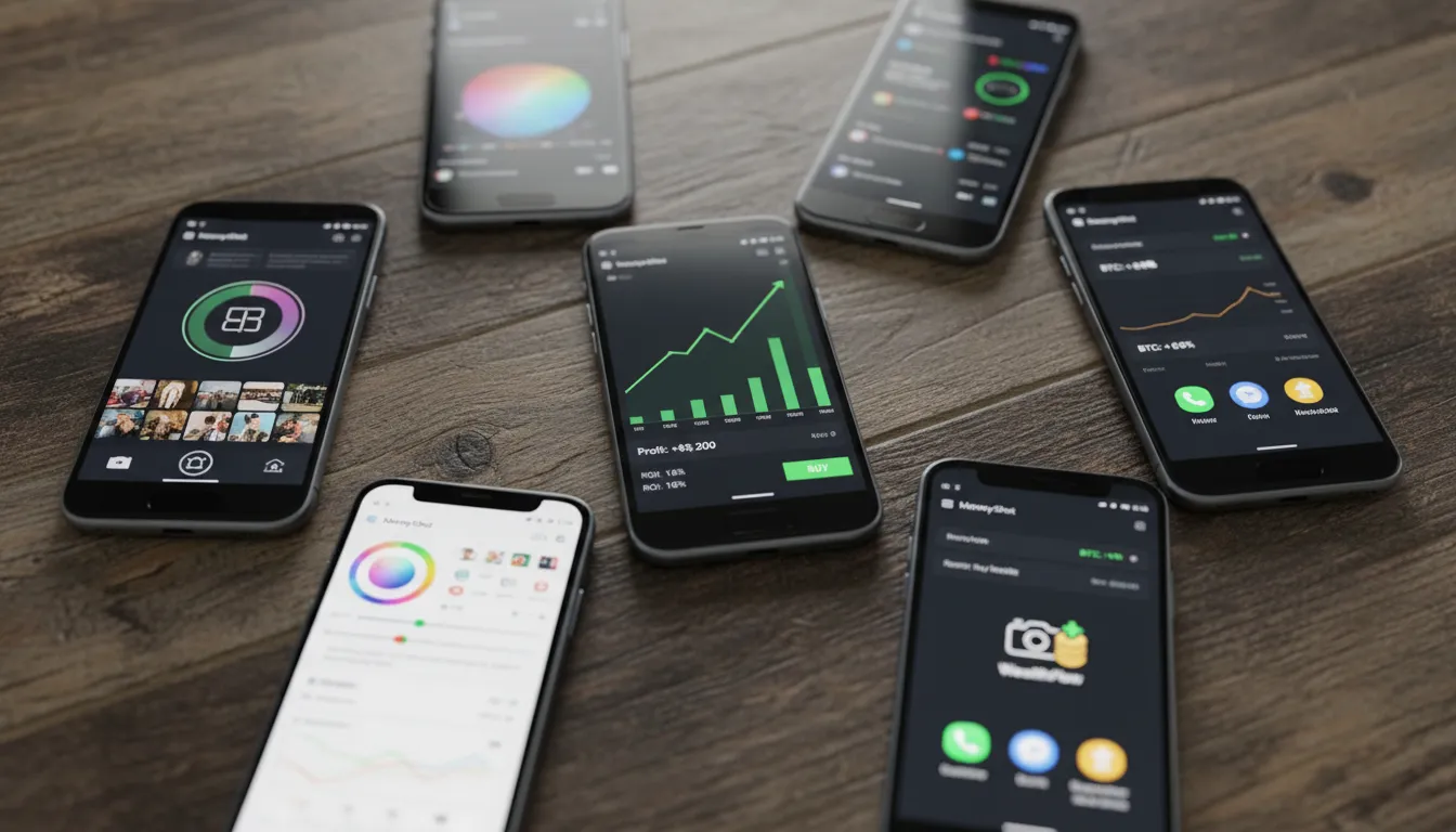 Vários smartphones dispostos sobre uma mesa de madeira rústica, com as telas mostrando interfaces de