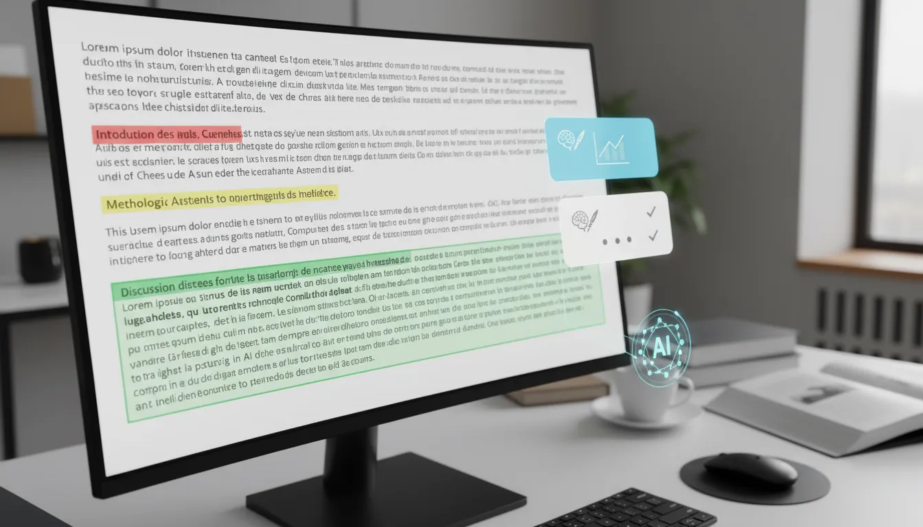 Uma tela de computador exibindo um texto acadêmico com destaques coloridos, como vermelho, amarelo e