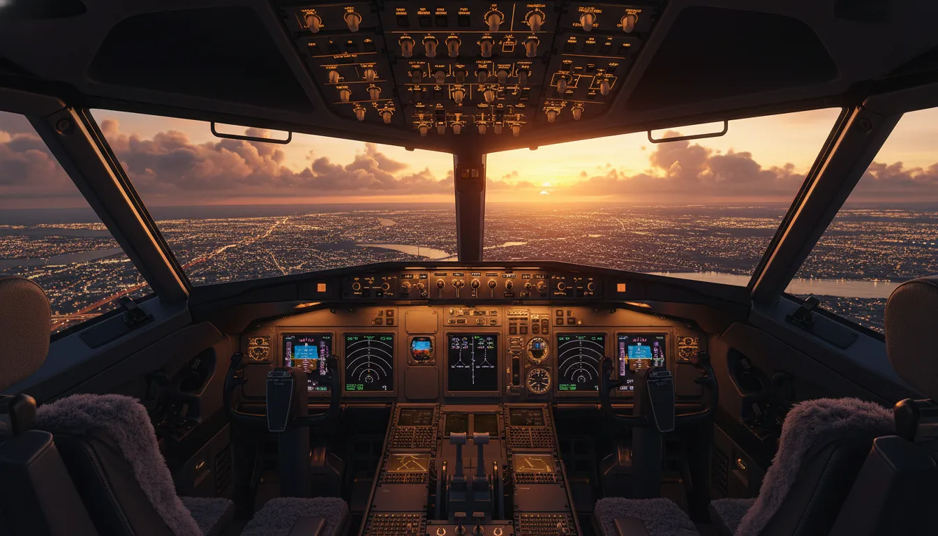 Visão do cockpit de um avião comercial sobrevoando uma grande metrópole ao pôr do sol, com nuvens vo