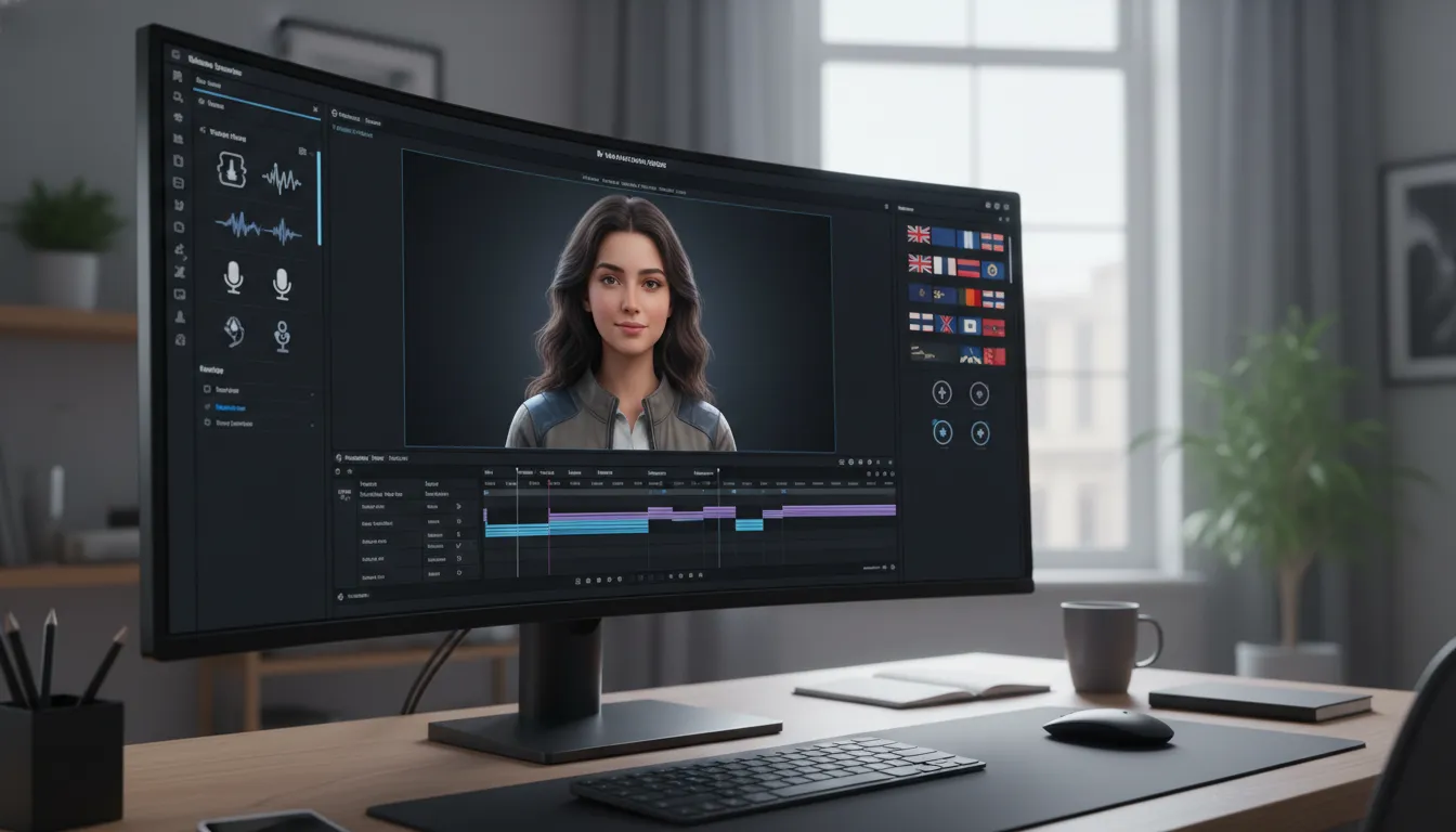Uma tela de computador exibindo um software de edição de vídeo moderno, com um avatar virtual realis