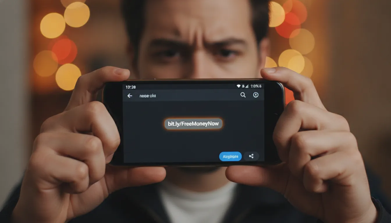 Fotografia focada de uma pessoa segurando um smartphone com as duas mãos, visualizando uma mensagem 