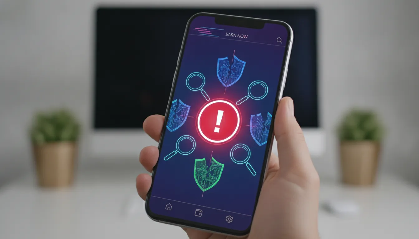 Um smartphone exibindo uma tela de aplicativo falsa com um grande botão vermelho de Alerta no centro