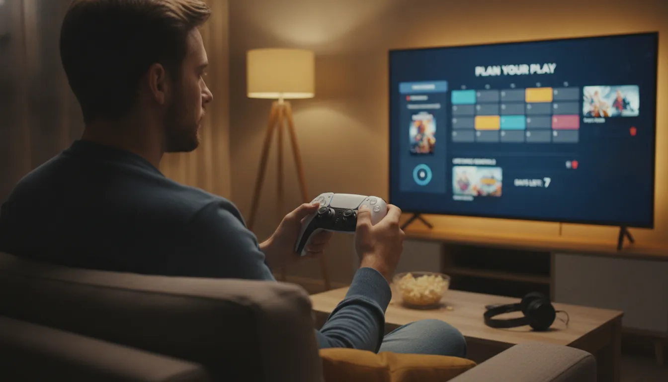 Um jogador segurando um controle de PlayStation 5 (DualSense) em um ambiente com iluminação aconcheg
